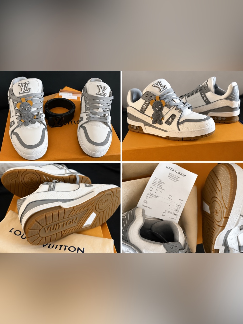 Louis Vuitton White & Gray Leather LV Trainer Sneakers with Gum Sole